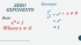 Rule:
x0
= 1
Where x ≠ 0.
ZERO
EXPONENTS
= 𝑎5−5
E 𝑥𝑎𝑚𝑝𝑙𝑒:
𝑎5
𝑎5
= 𝑎0
= 1
𝑎 ≠ 0
 