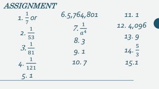 ASSIGNMENT
1.
1
7
or
2.
1
53
3.
1
81
4.
1
121
5. 1
6.5,764,801
7.
1
𝑎4
8. 3
9. 1
10. 7
11. 1
12. 4,096
13. 9
14.
5
3
15.1
 