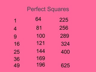 Perfect Squares
1
4
9
16
25
36
49
64
81
100
121
144
169
196
225
256
324
400
625
289
 