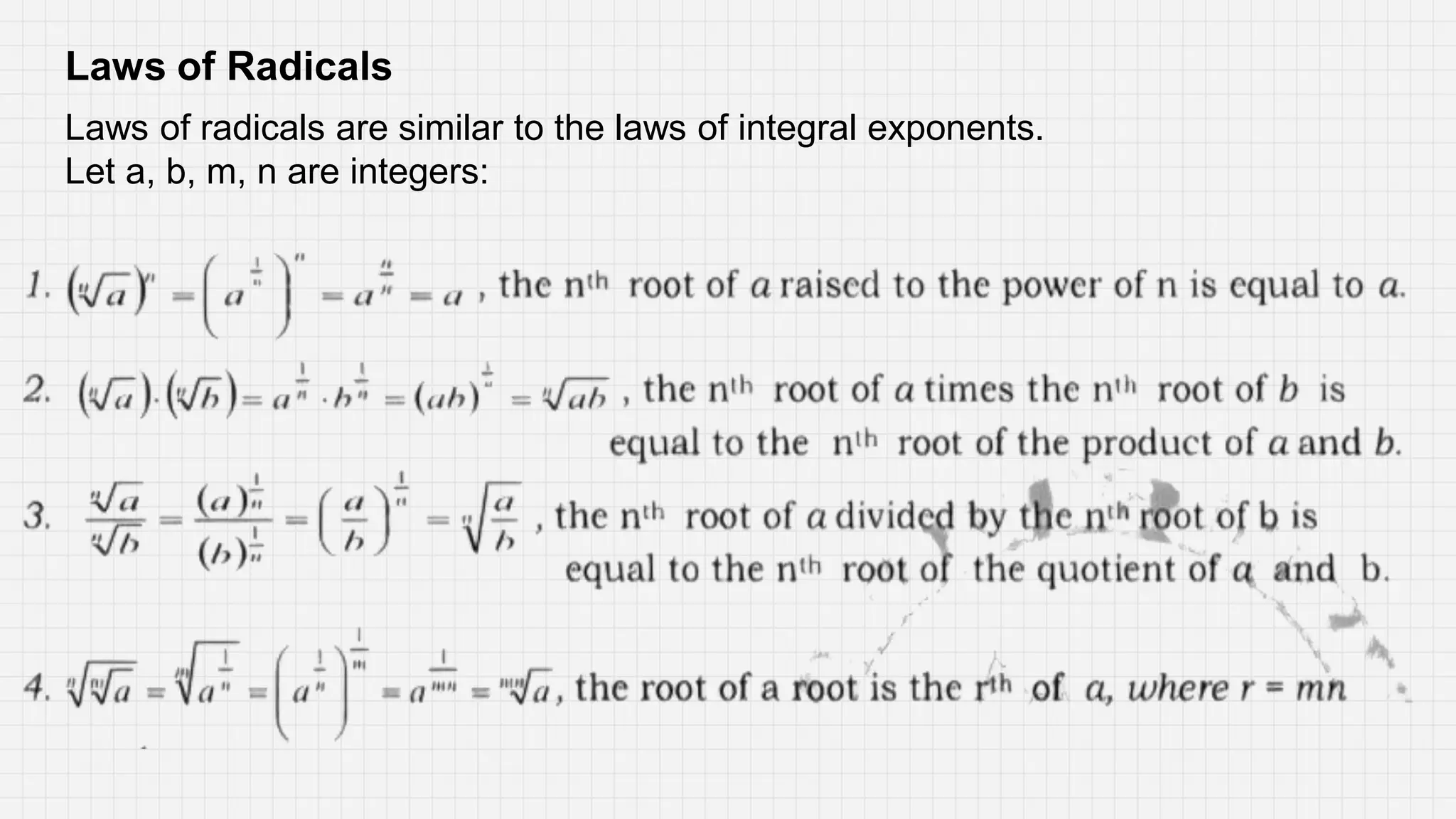 Laws of Radicals
Laws of radicals are similar to the laws of integral exponents.
Let a, b, m, n are integers:
 