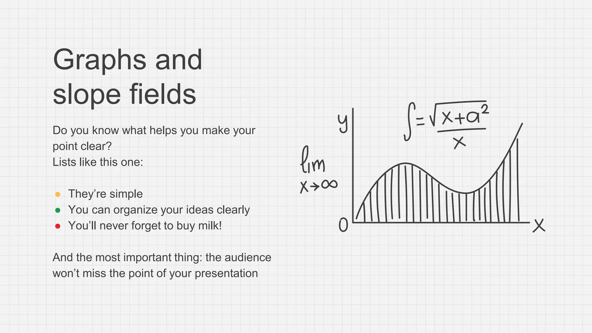 Graphs and
slope fields
Do you know what helps you make your
point clear?
Lists like this one:
● They’re simple
● You can organize your ideas clearly
● You’ll never forget to buy milk!
And the most important thing: the audience
won’t miss the point of your presentation
 