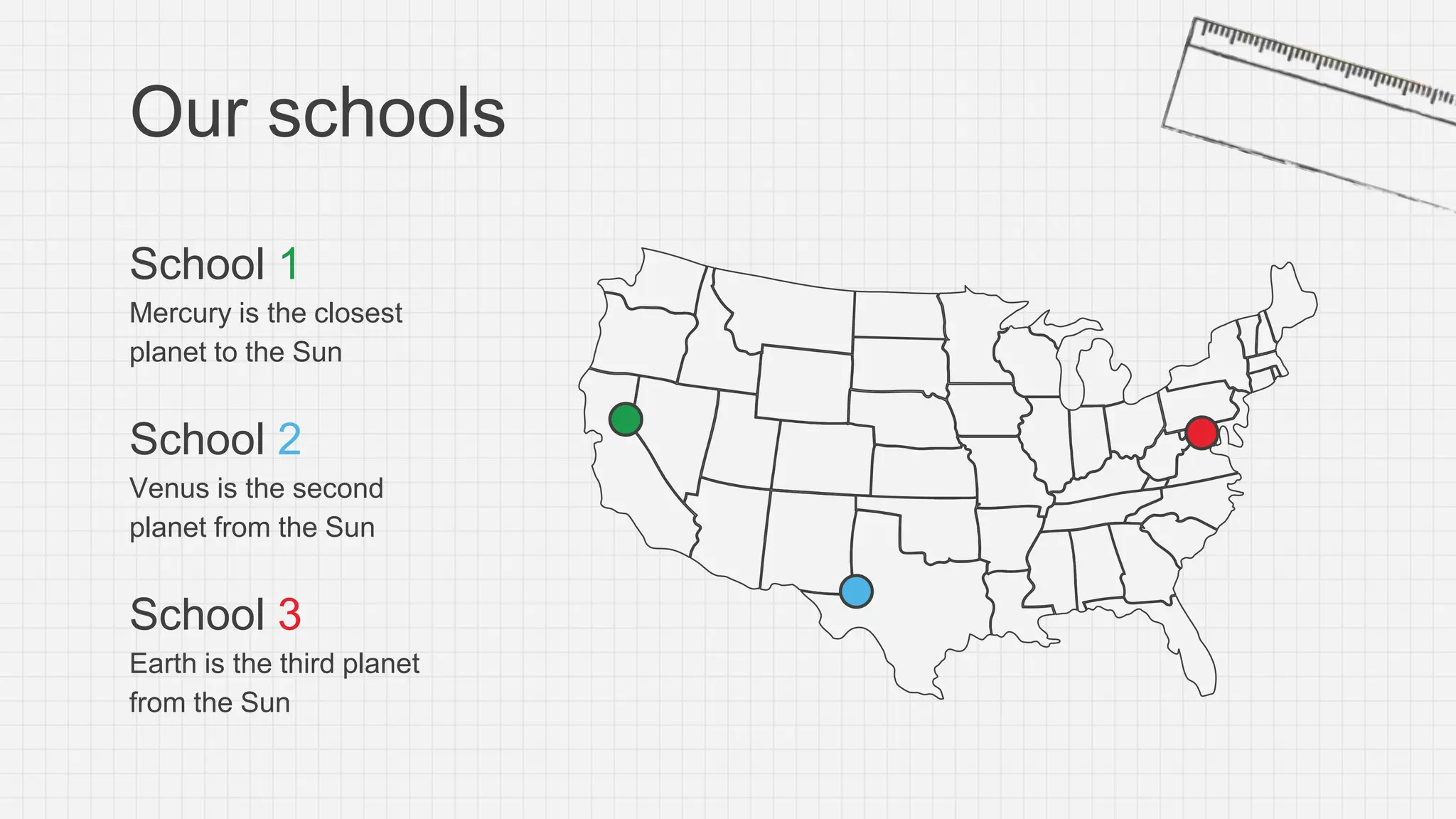 Our schools
School 1
Mercury is the closest
planet to the Sun
School 2
Venus is the second
planet from the Sun
School 3
Earth is the third planet
from the Sun
 