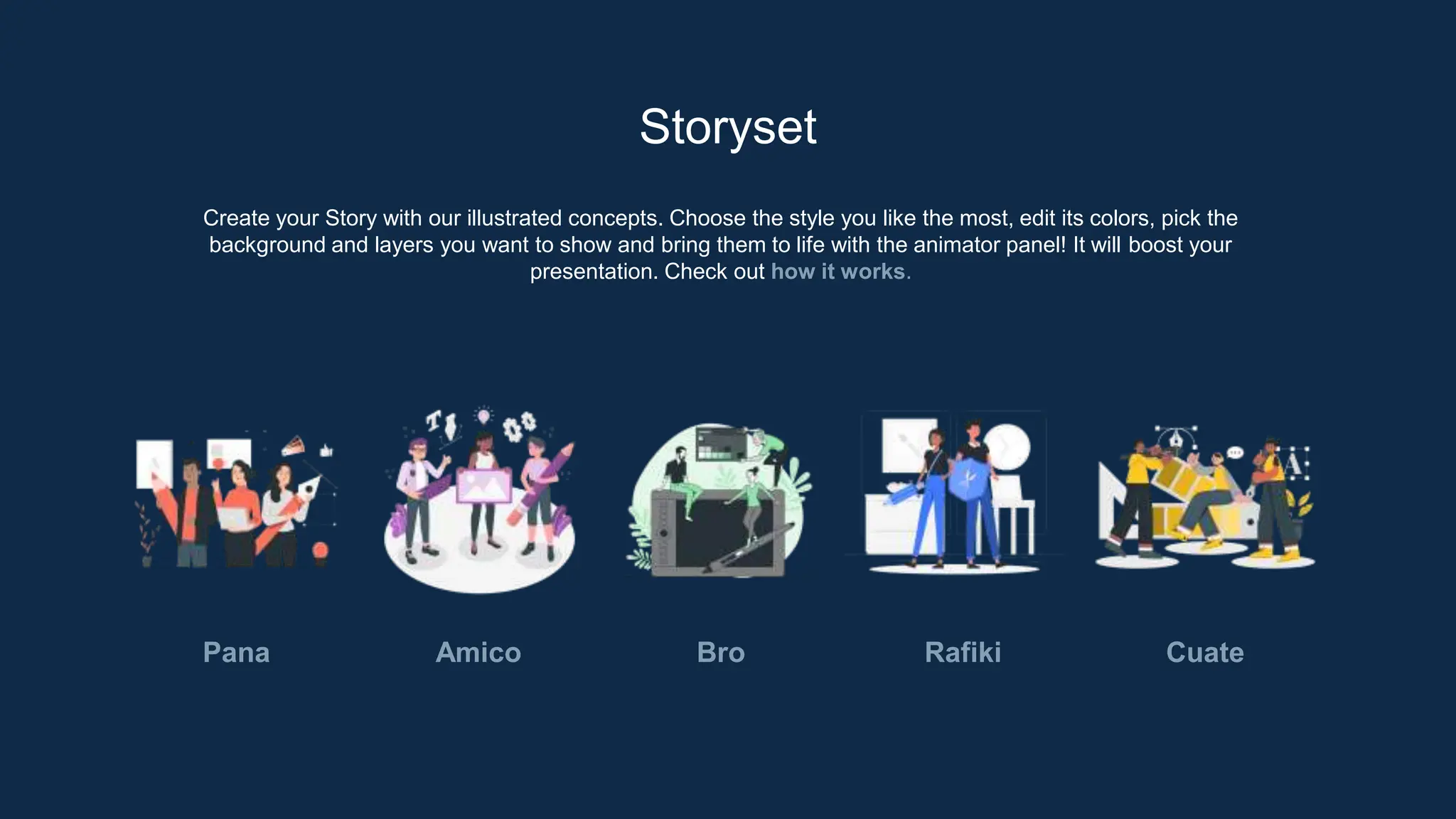 Create your Story with our illustrated concepts. Choose the style you like the most, edit its colors, pick the
background and layers you want to show and bring them to life with the animator panel! It will boost your
presentation. Check out how it works.
Storyset
Pana Amico Bro Rafiki Cuate
 