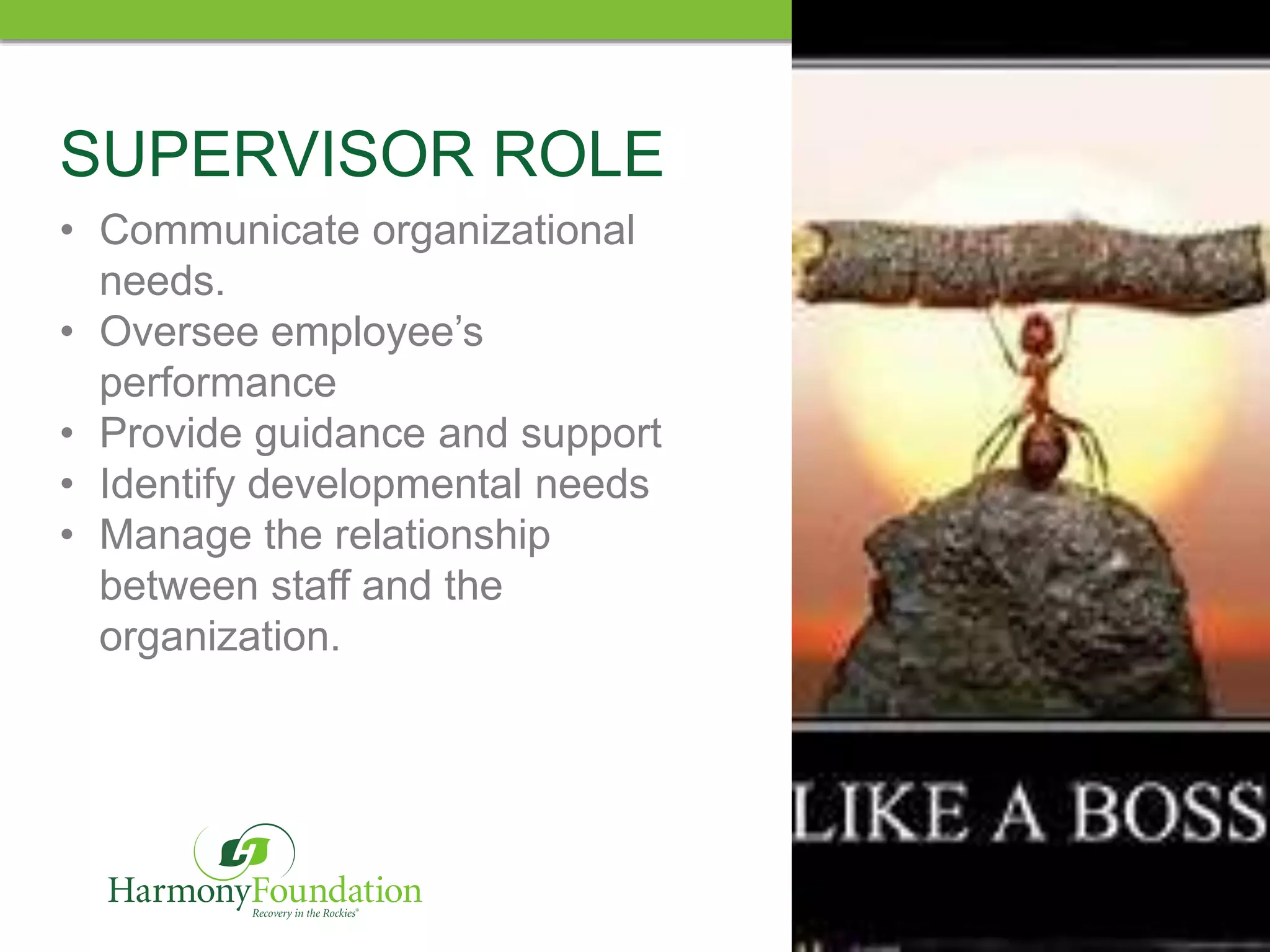 • Communicate organizational
needs.
• Oversee employee’s
performance
• Provide guidance and support
• Identify developmental needs
• Manage the relationship
between staff and the
organization.
SUPERVISOR ROLE
RECOVERY IN THE ROCKIES
 