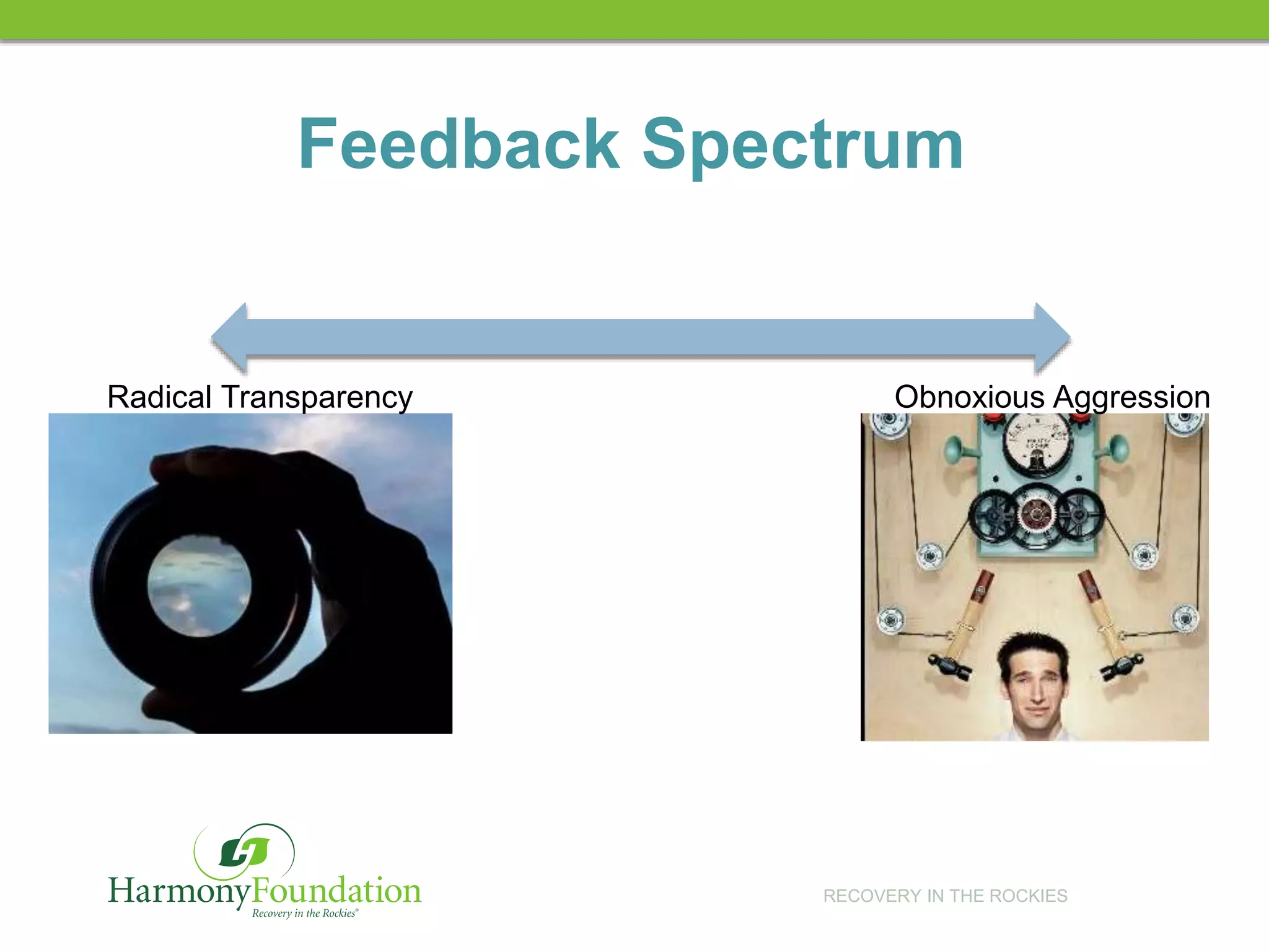 RECOVERY IN THE ROCKIES
Feedback Spectrum
Obnoxious AggressionRadical Transparency
 
