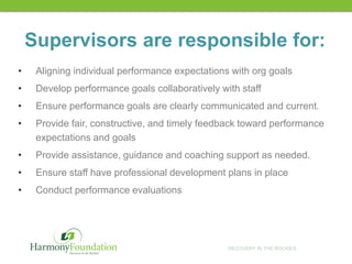 RECOVERY IN THE ROCKIES
Supervisors are responsible for:
• Aligning individual performance expectations with org goals
• D...