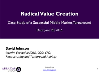 1
Abraxas Group
www.abraxasgp.com
RadicalValue Creation
Case Study of a Successful Middle MarketTurnaround
Date: June 28, 2016
David Johnson
Interim Executive (CRO, COO, CFO)
Restructuring and Turnaround Advisor
 