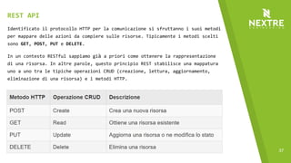 37
Identificato il protocollo HTTP per la comunicazione si sfruttanno i suoi metodi
per mappare delle azioni da compiere sulle risorse. Tipicamente i metodi scelti
sono GET, POST, PUT e DELETE.
In un contesto RESTful sappiamo già a priori come ottenere la rappresentazione
di una risorsa. In altre parole, questo principio REST stabilisce una mappatura
uno a uno tra le tipiche operazioni CRUD (creazione, lettura, aggiornamento,
eliminazione di una risorsa) e i metodi HTTP.
REST API
 