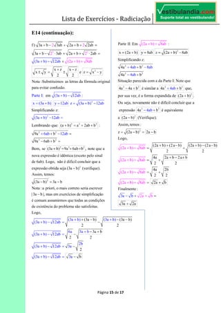 Lista de Exercícios - Radiciação
Página 15 de 17
E14 (continuação):
 