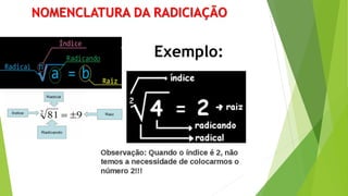NOMENCLATURA DA RADICIAÇÃO
Exemplo:
 