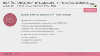 ATIVIDADE DE PESQUISA E DESENVOLVIMENTO
Os projetos de P&D mais signiﬁcativos de 2014 tiveram como objeto:
• As poliamidas de fontes renováveis.
• Copoliamidas e poliamidas semi-aromáticas PA6.6-PA6.10/PA6T.
• Os ﬁos em poliamida de elevada tenacidade.
• Os ﬁos em PA 6.6 com uma melhor aﬁnidade tintorial.
• Os ﬁos em poliamida de fontes renováveis (PA11 e PA6.10).
• O floco em poliamida para aplicações técnicas.
• Um novo terpolímero.
• O poliéster "sem-antimônio".
• O poliéster "cerâmico".
CHAPTER 06 Data source: RADICIGROUP SUSTAINABILITY REPORT 2014 - www.radicigroup.com
RELATÓRIO RADICIGROUP FOR SUSTAINABILITY - PRINCIPAIS ELEMENTOS
 