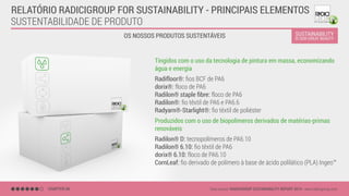 OS NOSSOS PRODUTOS SUSTENTÁVEIS
SUSTENTABILIDADE DE PRODUTO
CHAPTER 06 Data source: RADICIGROUP SUSTAINABILITY REPORT 2014 - www.radicigroup.com
RELATÓRIO RADICIGROUP FOR SUSTAINABILITY - PRINCIPAIS ELEMENTOS
Tingidos com o uso da tecnologia de pintura em massa, economizando
água e energia
Radifloor®: ﬁos BCF de PA6
dorix®: floco de PA6
Radilon® staple ﬁbre: floco de PA6
Radilon®: ﬁo têxtil de PA6 e PA6.6
Radyarn®-Starlight®: ﬁo têxtil de poliéster
Produzidos com o uso de biopolímeros derivados de matérias-primas
renováveis
Radilon® D: tecnopolímeros de PA6.10
Radilon® 6.10: ﬁo têxtil de PA6
dorix® 6.10: floco de PA6.10
CornLeaf: ﬁo derivado de polímero à base de ácido polilático (PLA) Ingeo™
 
