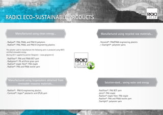RADICI ECO-SUSTAINABLE PRODUCTS

           Manufactured using clean energy…                                     Manufactured using recycled raw materials…

. Radipol®: PA6, PA66, and PA610 polymers                                     . Heramid®: PA6/PA66 engineering plastics
. Radilon®: PA6, PA66, and PA610 engineering plastics                         . r-Starlight®: polyester yarns

The polymer used to manufacture the following yarns is produced using RECS
certified renewable energy.
(during 2011 supplied by partner Geogreen – www.geogreen.it).
. Radifloor®: PA6 and PA66 BCF yarn
. Radigreen®: PA artificial grass yarn
. Radilon® staple fibre®: PA6 staple
. Radilon®: PA6 and PA66 textile yarn




  Manufactured using biopolymers obtained from
         renewable resource materials…                                              Solution-dyed… saving water and energy

. Radilon®: PA610 engineering plastics                                       . Radifloor®: PA6 BCF yarn
. CornLeaf®: Ingeo™ polylactic acid (PLA) yarn                               . dorix®: PA6 staple
                                                                             . Radilon® staple fibre: PA6 staple
                                                                             . Radilon®: PA6 and PA66 textile yarn
                                                                             . Starlight®: polyester yarn
 