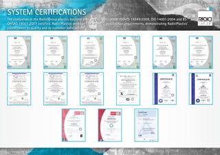 SYSTEM CERTIFICATIONS
The companies in the RadiciGroup plastics business area are ISO 9001:2008, ISO-TS 16949:2009, ISO 14001:2004 and BS
OHSAS 18001:2007 certified. RadiciPlastics works in line with ISO certification requirements, demonstrating RadiciPlastics’
commitment to quality and to customer satisfaction.




                                                               Cópia Não Controlada
 