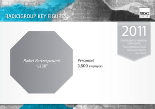 RADICIGROUP KEY FIGURES



                                                CONSOLIDATED FINANCIAL
                                                      STATEMENTS
                                                 *Sales (Millions of Euro)
                                                      Chemicals, Plastics
                                                               and Fibres


      Radici Partecipazioni   Personnel
             1,238*           3,500 employees
 