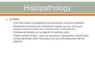 Lumen:
o Cyst fluid (watery & opalescent) but sometimes viscid and yellowish
o Sometimes shimmers with cholesterol crystals (typically rectangular
shaped cholesterol crystals with a notched corner is characteristic)
o Cholesterol crystals are not specific to radicular cysts
o Protein content of fluid – seen as amorphous eosinophilic material often
containing broken-down leucocytes and and cells distended with fat
globules
 