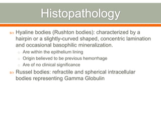  Hyaline bodies (Rushton bodies): characterized by a
hairpin or a slightly-curved shaped, concentric lamination
and occasional basophilic mineralization.
o Are within the epithelium lining
o Origin believed to be previous hemorrhage
o Are of no clinical significance
 Russel bodies: refractile and spherical intracellular
bodies representing Gamma Globulin
 