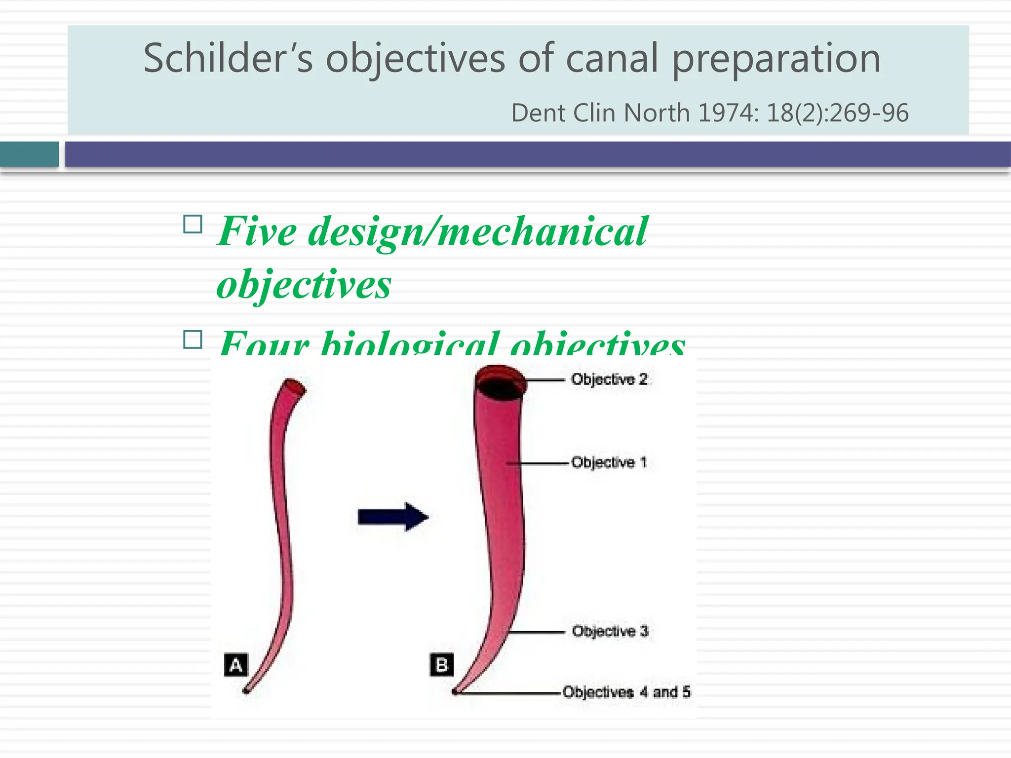  Five design/mechanical
objectives
 Four biological objectives
Schilder’s objectives of canal preparation
Dent Clin North 1974: 18(2):269-96
 