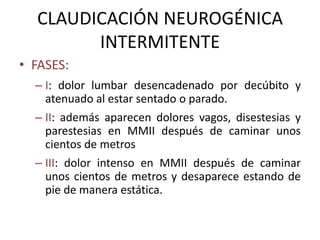 CLAUDICACIÓN NEUROGÉNICA
INTERMITENTE
Dolor
comienza en
zona proximal
irradiándose a
periferia
Claudicación
neurogénica
in...