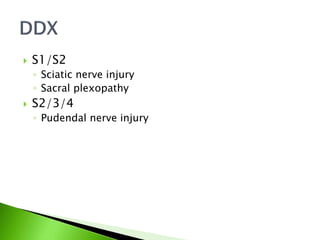  S1/S2
◦ Sciatic nerve injury
◦ Sacral plexopathy
 S2/3/4
◦ Pudendal nerve injury
 