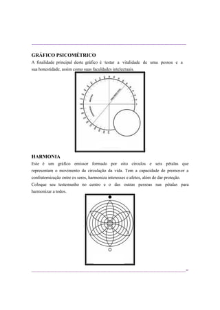 ----------------------------------------------------------------------------------------------------------
--
GRÁFICO PSICOMÉTRICO
A finalidade principal deste gráfico é testar a vitalidade de uma pessoa e a
sua honestidade, assim como suas faculdades intelectuais.
HARMONIA
Este é um gráfico emissor formado por oito círculos e seis pétalas que
representam o movimento da circulação da vida. Tem a capacidade de promover a
confraternização entre os seres, harmoniza interesses e afetos, além de dar proteção.
Coloque seu testemunho no centro e o das outras pessoas nas pétalas para
harmonizar a todos.
 