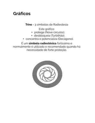 Gráficos
Trino - 3 símbolos de Radiestesia
Este gráfico:
• protege (Nove círculos),
• desbloqueia (Turbilhão),
• concentra e potencializa (Decágono).
É um símbolo radiestésico fortíssimo e
normalmente é utilizado e recomendado quando há
necessidade de forte proteção.
O testemunho e ou objetivo que se deseja alcançar
 