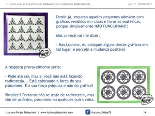 Luciano Felipe Debastiani | www.lucianodebastiani.com /luciano_felipe75 14
 Como usar as Sequências de Grabovoi com os Gráficos Radiestésicos rev.: 1 - 02/05/2015
Desde já, esqueça aqueles pequenos adesivos com
gráficos vendidos em casas e livrarias esotéricas,
porque simplesmente NÃO FUNCIONAM!!!
Mas ai você vai me dizer:
- Mas Luciano, eu coloquei alguns destes gráficos em
tal lugar, e percebi a mudança positiva!
A resposta provavelmente seria:
- Pode até ser, mas ai você não está fazendo
radiestesia... Está colocando a força do seu
psiquismo. É a sua força psíquica e não do gráfico!
Simples!! Portanto não se trata de radiestesia, mas
sim de psiônica, psiquismo ou qualquer outra coisa.
 