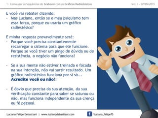 Luciano Felipe Debastiani | www.lucianodebastiani.com /luciano_felipe75 15
 Como usar as Sequências de Grabovoi com os Gráficos Radiestésicos rev.: 1 - 02/05/2015
E você vai rebater dizendo:
- Mas Luciano, então se o meu psiquismo tem
essa força, porque eu usaria um gráfico
radiestésico?
E minha resposta provavelmente será:
- Porque você precisa constantemente
recarregar o sistema para que ele funcione.
Porque se você tiver um pingo de dúvida ou de
resistência, o negócio não funciona!
- Se a sua mente não estiver treinada e focada
na sua intenção, não vai surtir resultado. Um
gráfico radiestésico funciona por si só...
Acredite você ou não!!
- É óbvio que precisa da sua atenção, da sua
verificação constante para saber se saturou ou
não, mas funciona independente da sua crença
ou fé pessoal.
 