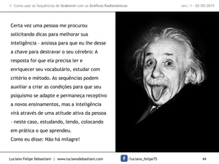 Luciano Felipe Debastiani | www.lucianodebastiani.com /luciano_felipe75 44
 Como usar as Sequências de Grabovoi com os Gráficos Radiestésicos rev.: 1 - 02/05/2015
Certa vez uma pessoa me procurou
solicitando dicas para melhorar sua
inteligência – ansiosa para que eu lhe desse
a chave para destravar o seu cérebro: A
resposta foi que ela precisa ler e
enriquecer seu vocabulário, estudar com
critério e método. As sequências podem
auxiliar a criar as condições para que seu
psiquismo se adapte e permaneça receptivo
a novos ensinamentos, mas a inteligência
virá através de uma atitude ativa da pessoa
– neste caso, estudando, lendo, colocando
em prática o que aprendeu.
Como eu disse: Não há milagre!
 