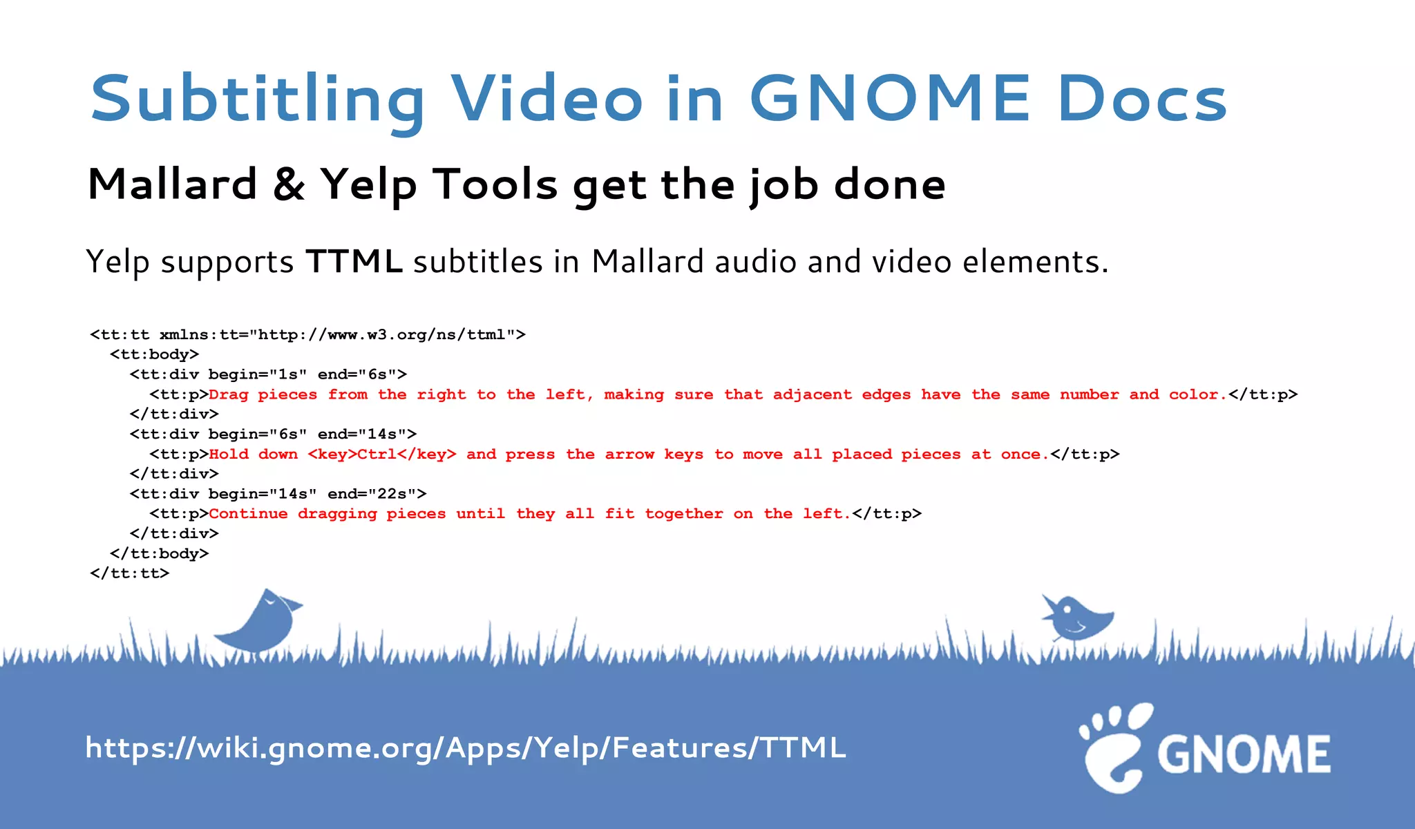 Mallard & Yelp Tools get the job done 
Yelp supports TTML subtitles in Mallard audio and video elements. <tt:tt xmlns:tt="http://www.w3.org/ns/ttml"> <tt:body> <tt:div begin="1s" end="6s"> <tt:p>Drag pieces from the right to the left, making sure that adjacent edges have the same number and color.</tt:p> </tt:div> <tt:div begin="6s" end="14s"> <tt:p>Hold down <key>Ctrl</key> and press the arrow keys to move all placed pieces at once.</tt:p> </tt:div> <tt:div begin="14s" end="22s"> <tt:p>Continue dragging pieces until they all fit together on the left.</tt:p> </tt:div> </tt:body> </tt:tt> 
https://wiki.gnome.org/Apps/Yelp/Features/TTML 
Subtitling Video in GNOME Docs  