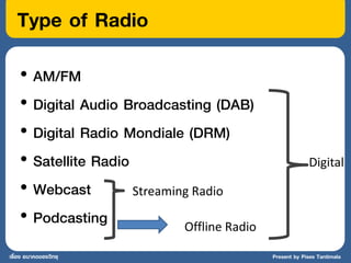 Type of Radio
    • AM/FM
    • Digital Audio Broadcasting (DAB)
    • Digital Radio Mondiale (DRM)
    • Satellite Radio                                      Digital

    • Webcast         Streaming Radio

    • Podcasting              Offline Radio

เรื่อง อนาคตของวิทยุ                          Present by Pises Tantimala
 