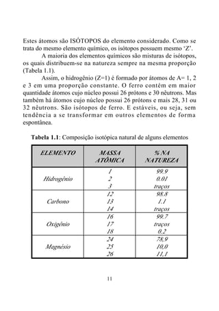 11
Estes átomos são ISÓTOPOS do elemento considerado. Como se
trata do mesmo elemento químico, os isótopos possuem mesmo ‘Z’.
A maioria dos elementos químicos são misturas de isótopos,
os quais distribuem-se na natureza sempre na mesma proporção
(Tabela 1.1).
Assim, o hidrogênio (Z=1) é formado por átomos de A= 1, 2
e 3 em uma proporção constante. O ferro contém em maior
quantidade átomos cujo núcleo possui 26 prótons e 30 nêutrons. Mas
também há átomos cujo núcleo possui 26 prótons e mais 28, 31 ou
32 nêutrons. São isótopos de ferro. E estáveis, ou seja, sem
tendência a se transformar em outros elementos de forma
espontânea.
Tabela 1.1: Composição isotópica natural de alguns elementos
ELEMENTO MASSA
ATÔMICA
% NA
NATUREZA
Hidrogênio
1
2
3
99.9
0.01
traços
Carbono
12
13
14
98.8
1.1
traços
Oxigênio
16
17
18
99.7
traços
0.2
Magnésio
24
25
26
78,9
10,0
11,1
 