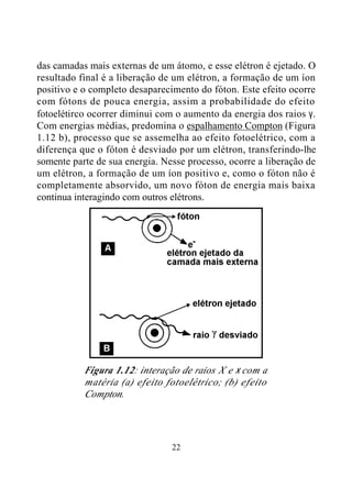 22
das camadas mais externas de um átomo, e esse elétron é ejetado. O
resultado final é a liberação de um elétron, a formação de um íon
positivo e o completo desaparecimento do fóton. Este efeito ocorre
com fótons de pouca energia, assim a probabilidade do efeito
fotoelétirco ocorrer diminui com o aumento da energia dos raios γ.
Com energias médias, predomina o espalhamento Compton (Figura
1.12 b), processo que se assemelha ao efeito fotoelétrico, com a
diferença que o fóton é desviado por um elétron, transferindo-lhe
somente parte de sua energia. Nesse processo, ocorre a liberação de
um elétron, a formação de um íon positivo e, como o fóton não é
completamente absorvido, um novo fóton de energia mais baixa
continua interagindo com outros elétrons.
Figura 1.12: interação de raios X e γ com a
matéria (a) efeito fotoelétrico; (b) efeito
Compton.
 