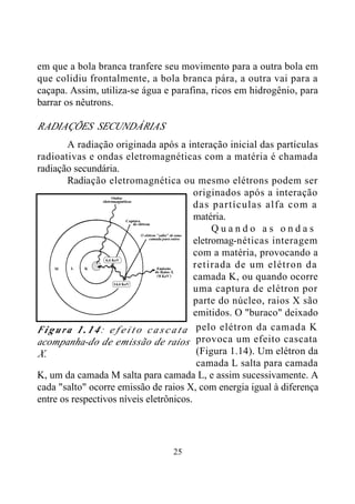 25
em que a bola branca tranfere seu movimento para a outra bola em
que colidiu frontalmente, a bola branca pára, a outra vai para a
caçapa. Assim, utiliza-se água e parafina, ricos em hidrogênio, para
barrar os nêutrons.
RADIAÇÕES SECUNDÁRIAS
A radiação originada após a interação inicial das partículas
radioativas e ondas eletromagnéticas com a matéria é chamada
radiação secundária.
Radiação eletromagnética ou mesmo elétrons podem ser
originados após a interação
das partículas alfa com a
matéria.
Q u a n d o a s o n d a s
eletromag-néticas interagem
com a matéria, provocando a
retirada de um elétron da
camada K, ou quando ocorre
uma captura de elétron por
parte do núcleo, raios X são
emitidos. O "buraco" deixado
pelo elétron da camada K
provoca um efeito cascata
(Figura 1.14). Um elétron da
camada L salta para camada
K, um da camada M salta para camada L, e assim sucessivamente. A
cada "salto" ocorre emissão de raios X, com energia igual à diferença
entre os respectivos níveis eletrônicos.
Figura 1.14: e f e i t o c a s c a t a
acompanha-do de emissão de raios
X.
 