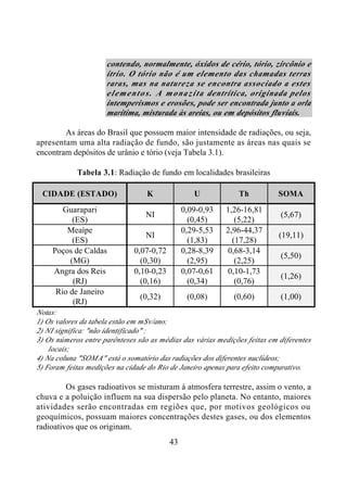 43
contendo, normalmente, óxidos de cério, tório, zircônio e
ítrio. O tório não é um elemento das chamadas terras
raras, mas na natureza se encontra associado a estes
elementos. A monazita dentrítica, originada pelos
intemperismos e erosões, pode ser encontrada junto a orla
marítima, misturada às areias, ou em depósitos fluviais.
As áreas do Brasil que possuem maior intensidade de radiações, ou seja,
apresentam uma alta radiação de fundo, são justamente as áreas nas quais se
encontram depósitos de urânio e tório (veja Tabela 3.1).
Tabela 3.1: Radiação de fundo em localidades brasileiras
CIDADE (ESTADO) K U Th SOMA
Guarapari
(ES)
NI
0,09-0,93
(0,45)
1,26-16,81
(5,22)
(5,67)
Meaípe
(ES)
NI
0,29-5,53
(1,83)
2,96-44,37
(17,28)
(19,11)
Poços de Caldas
(MG)
0,07-0,72
(0,30)
0,28-8,39
(2,95)
0,68-3,14
(2,25)
(5,50)
Angra dos Reis
(RJ)
0,10-0,23
(0,16)
0,07-0,61
(0,34)
0,10-1,73
(0,76)
(1,26)
Rio de Janeiro
(RJ)
(0,32) (0,08) (0,60) (1,00)
Notas:
1) Os valores da tabela estão em mSv/ano;
2) NI significa: "não identificado" :
3) Os números entre parênteses são as médias das várias medições feitas em diferentes
locais;
4) Na coluna "SOMA" está o somatório das radiações dos diferentes nuclídeos;
5) Foram feitas medições na cidade do Rio de Janeiro apenas para efeito comparativo.
Os gases radioativos se misturam à atmosfera terrestre, assim o vento, a
chuva e a poluição influem na sua dispersão pelo planeta. No entanto, maiores
atividades serão encontradas em regiões que, por motivos geológicos ou
geoquímicos, possuam maiores concentrações destes gases, ou dos elementos
radioativos que os originam.
 