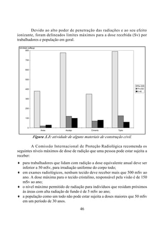 46
Devido ao alto poder de penetração das radiações e ao seu efeito
ionizante, foram delineados limites máximos para a dose recebida (Sv) por
trabalhadores e população em geral.
0
100
200
300
400
500
600
700
800
Areia Azulejo Cimento Tijolo
Atividade (mBq/g)
Ra-226
Th-232
K-40
Figura 3.1: atividade de alguns materiais de construção civil.
A Comissão Internacional de Proteção Radiológica recomenda os
seguintes níveis máximos de dose de radição que uma pessoa pode estar sujeita a
receber:
♦ para trabalhadores que lidam com radição a dose equivalente anual deve ser
inferior a 50 mSv, para irradiação uniforme do corpo todo;
♦ em exames radiológicos, nenhum tecido deve receber mais que 500 mSv ao
ano. A dose máxima para o tecido cristalino, responsável pela visão é de 150
mSv ao ano;
♦ o nível máximo permitido de radiação para indivíduos que residam próximos
às áreas com alta radiação de fundo é de 5 mSv ao ano;
♦ a população como um todo não pode estar sujeita a doses maiores que 50 mSv
em um período de 30 anos.
 