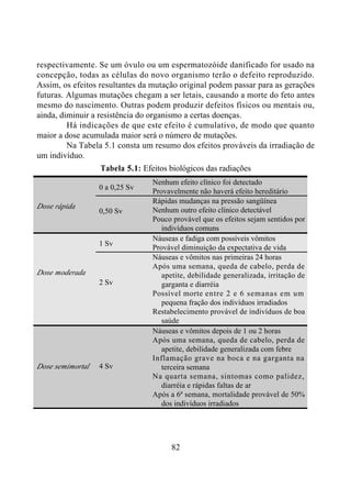 82
respectivamente. Se um óvulo ou um espermatozóide danificado for usado na
concepção, todas as células do novo organismo terão o defeito reproduzido.
Assim, os efeitos resultantes da mutação original podem passar para as gerações
futuras. Algumas mutações chegam a ser letais, causando a morte do feto antes
mesmo do nascimento. Outras podem produzir defeitos físicos ou mentais ou,
ainda, diminuir a resistência do organismo a certas doenças.
Há indicações de que este efeito é cumulativo, de modo que quanto
maior a dose acumulada maior será o número de mutações.
Na Tabela 5.1 consta um resumo dos efeitos prováveis da irradiação de
um indivíduo.
Tabela 5.1: Efeitos biológicos das radiações
0 a 0,25 Sv
Nenhum efeito clínico foi detectado
Provavelmente não haverá efeito hereditário
Dose rápida
0,50 Sv
Rápidas mudanças na pressão sangüínea
Nenhum outro efeito clínico detectável
Pouco provável que os efeitos sejam sentidos por
indivíduos comuns
1 Sv
Náuseas e fadiga com possíveis vômitos
Provável diminuição da expectativa de vida
Dose moderada
2 Sv
Náuseas e vômitos nas primeiras 24 horas
Após uma semana, queda de cabelo, perda de
apetite, debilidade generalizada, irritação de
garganta e diarréia
Possível morte entre 2 e 6 semanas em um
pequena fração dos indivíduos irradiados
Restabelecimento provável de indivíduos de boa
saúde
Dose semimortal 4 Sv
Náuseas e vômitos depois de 1 ou 2 horas
Após uma semana, queda de cabelo, perda de
apetite, debilidade generalizada com febre
Inflamação grave na boca e na garganta na
terceira semana
Na quarta semana, sintomas como palidez,
diarréia e rápidas faltas de ar
Após a 6ª semana, mortalidade provável de 50%
dos indivíduos irradiados
 