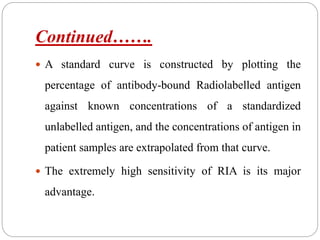 Continued…….
 A standard curve is constructed by plotting the
percentage of antibody-bound Radiolabelled antigen
against known concentrations of a standardized
unlabelled antigen, and the concentrations of antigen in
patient samples are extrapolated from that curve.
 The extremely high sensitivity of RIA is its major
advantage.
 