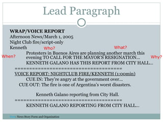 Lead Paragraph WRAP/VOICE REPORT Afternoon News/March 1, 2005 Night Club fire/script-only Kenneth Protesters in Buenos Aires  are  planning another march   this  evening   TO CALL FOR THE MAYOR’S RESIGNATION … KENNETH GALANO HAS THIS REPORT FROM CITY HALL… ===================================== VOICE REPORT: NIGHTCLUB FIRE/KENNETH (1:00min) CUE IN: They’re angry at the government over…    CUE OUT: The fire is one of Argentina’s worst disasters.  Kenneth Galano reporting from City Hall. ===================================== KENNETH GALANO REPORTING FROM CITY HALL…  Next : News Story Form and Organization Who? What? When? Why? 