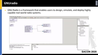 SACON 2020
GNUradio
● GNU Radio is a framework that enables users to design, simulate, and deploy highly
capable real-world radio systems.
 