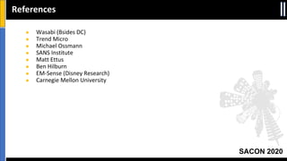 SACON 2020
● Wasabi (Bsides DC)
● Trend Micro
● Michael Ossmann
● SANS Institute
● Matt Ettus
● Ben Hilburn
● EM-Sense (Disney Research)
● Carnegie Mellon University
References
 