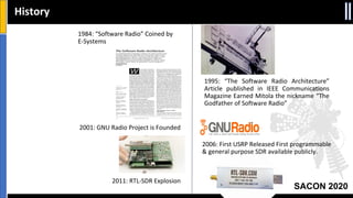 SACON 2020
History
1984: “Software Radio” Coined by
E-Systems
1995: “The Software Radio Architecture”
Article published in IEEE Communications
Magazine Earned Mitola the nickname “The
Godfather of Software Radio”
2001: GNU Radio Project is Founded
2006: First USRP Released First programmable
& general purpose SDR available publicly.
2011: RTL-SDR Explosion
 
