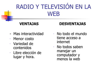 RADIO Y TELEVISIÓN EN LA WEB VENTAJAS -  Mas interactividad Menor costo Variedad de contenidos Libre elección de lugar y hora. DESVENTAJAS No todo el mundo tiene acceso a internet No todos saben manejar un computador y menos la web 