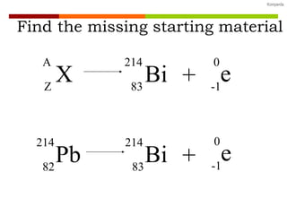 Find the missing starting material X A Z Bi 214 83 + e 0 -1 Pb 214 82 Bi 214 83 + e 0 -1 
