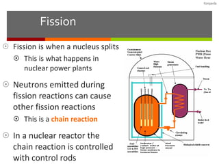 Fission Fission is when a nucleus splits This is what happens in nuclear power plants Neutrons emitted during fission reactions can cause other fission reactions This is a  chain reaction In a nuclear reactor the chain reaction is controlled with control rods 