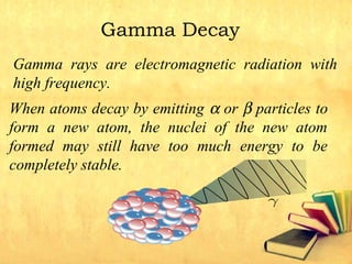 Gamma Decay
Gamma rays are electromagnetic radiation with
high frequency.
When atoms decay by emitting α or β particles to
form a new atom, the nuclei of the new atom
formed may still have too much energy to be
completely stable.
 