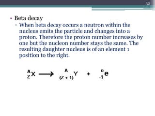 • Beta decay
▫ When beta decay occurs a neutron within the
nucleus emits the particle and changes into a
proton. Therefore the proton number increases by
one but the nucleon number stays the same. The
resulting daughter nucleus is of an element 1
position to the right.
32
 