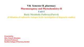 Vth Semester B. pharmacy
Pharmacognosy and Phytochemistry-II
Unit-I
Basic Metabolic Pathway(Part-6)
(Utilization of radioactive isotopes in the investigation of biogenetic studies)
Presented By :
Miss. Pooja D. Bhandare
(Assistant Professor)
Kandhar College of Pharmacy, Nanded
 