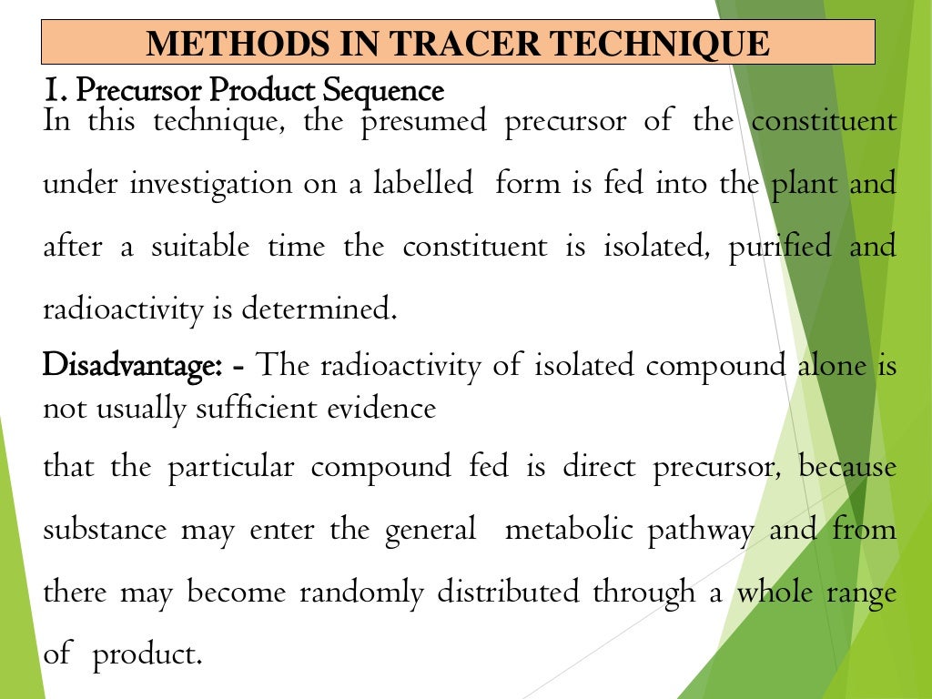 METHODS IN TRACER TECHNIQUE
In this technique, the presumed precursor of the constituent
under investigation on a labelled form is fed into the plant and
after a suitable time the constituent is isolated, purified and
radioactivity is determined.
Disadvantage: - The radioactivity of isolated compound alone is
not usually sufficient evidence
that the particular compound fed is direct precursor, because
substance may enter the general metabolic pathway and from
there may become randomly distributed through a whole range
of product.
1. Precursor Product Sequence
 