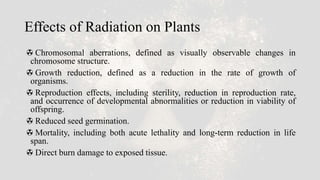 Effects of Radiation on Plants
Chromosomal aberrations, defined as visually observable changes in
chromosome structure.
Growth reduction, defined as a reduction in the rate of growth of
organisms.
Reproduction effects, including sterility, reduction in reproduction rate,
and occurrence of developmental abnormalities or reduction in viability of
offspring.
Reduced seed germination.
Mortality, including both acute lethality and long-term reduction in life
span.
Direct burn damage to exposed tissue.
 